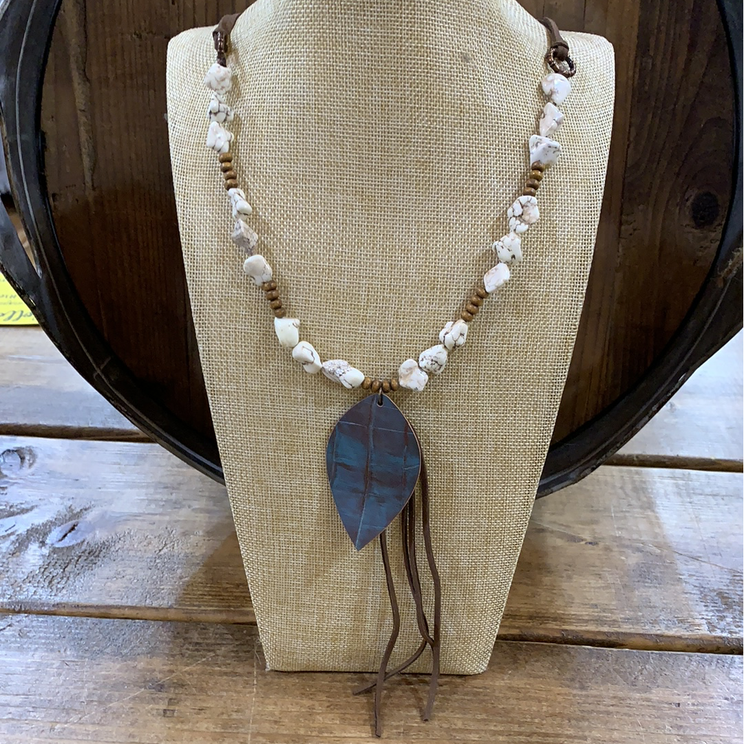 Beaded Necklace with blue leaf charm and tassel - Little Prairie Girl