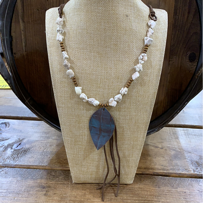 Beaded Necklace with blue leaf charm and tassel - Little Prairie Girl