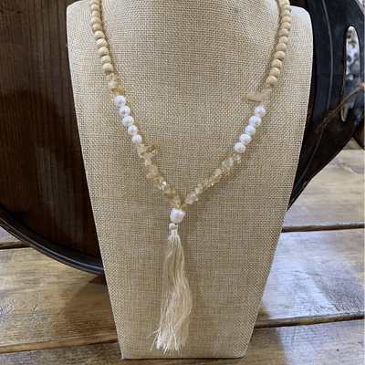 Cream Beaded Necklace with Tassel - Little Prairie Girl