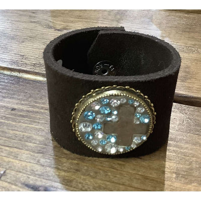 Genuine brown leather cuff bracelet with a cross design - Little Prairie Girl