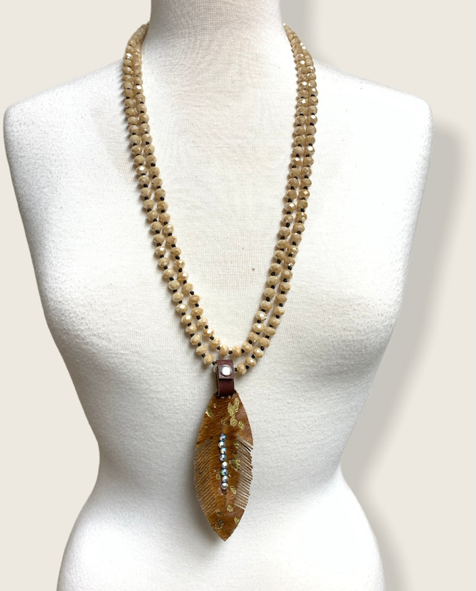 Long Beaded Necklace with Feather - Little Prairie Girl