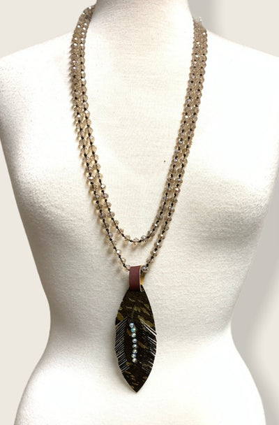 Long Beaded Necklace with Feather - Little Prairie Girl