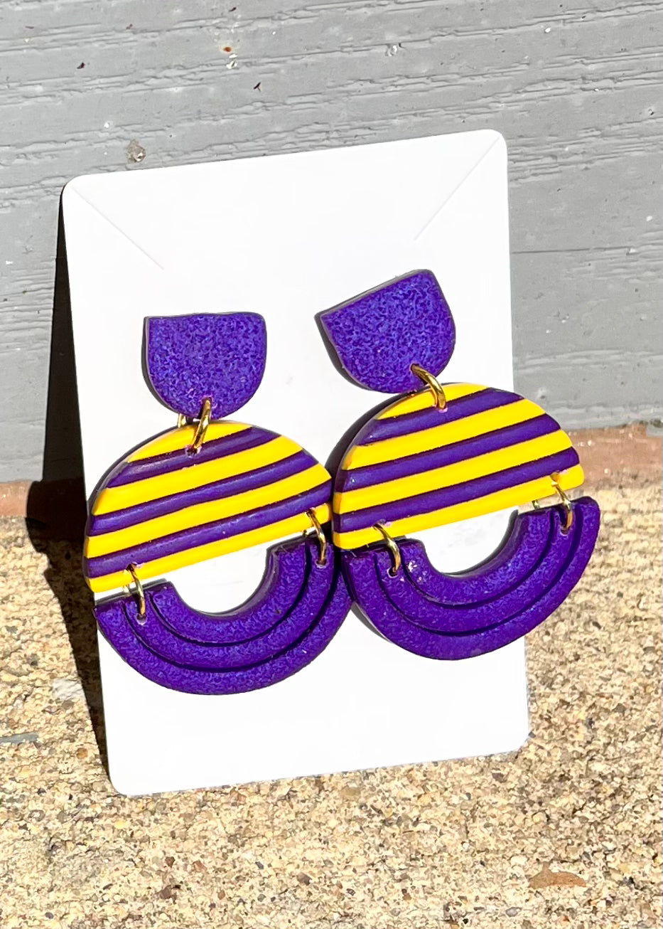 Purple and Yellow Striped Polymer Clay Circle Earrings - Little Prairie Girl