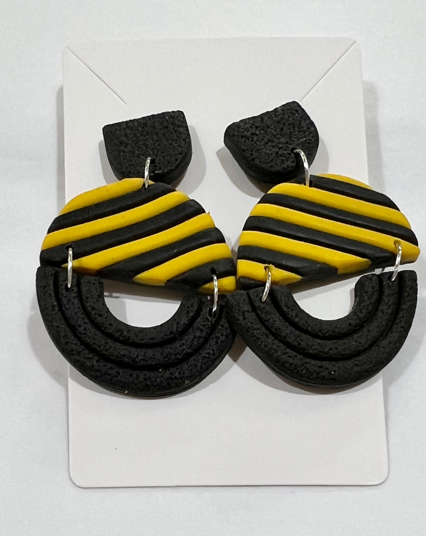 Yellow and Black Striped Polymer Clay Circle Earrings - Little Prairie Girl