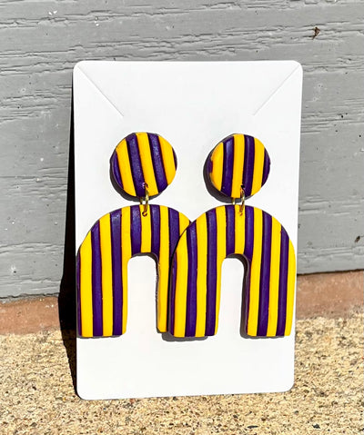 Purple and Yellow Striped Polymer Clay Horseshoe Earrings - Little Prairie Girl